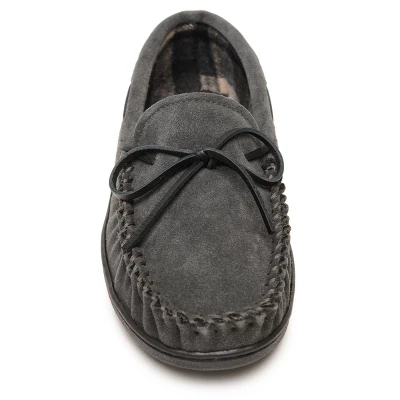 Minnetonka Men's Suede Plaid Lined Hardsole Moccasin Slippers